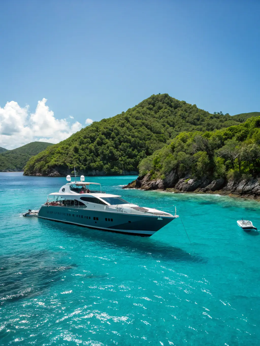A luxurious yacht anchored in a secluded cove, with crystal-clear turquoise water, representing the exclusivity and privacy of The Happy Captain's charters.