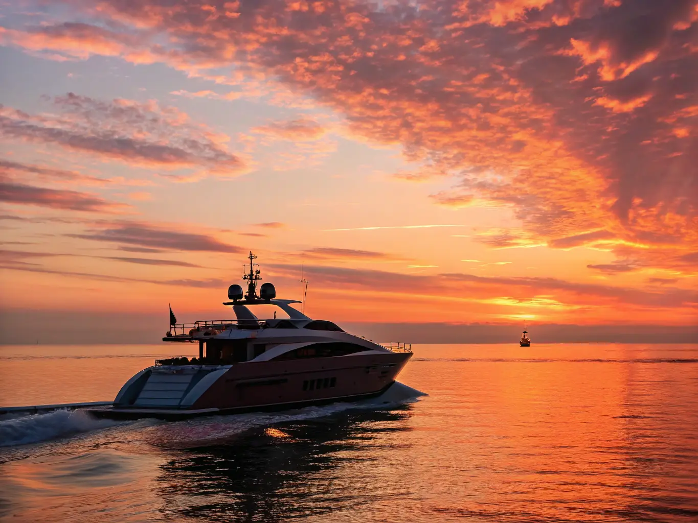 A modern, luxurious yacht with sleek lines sailing on calm, turquoise waters during sunset. The yacht should have visible deck space and comfortable seating, suggesting relaxation and enjoyment.