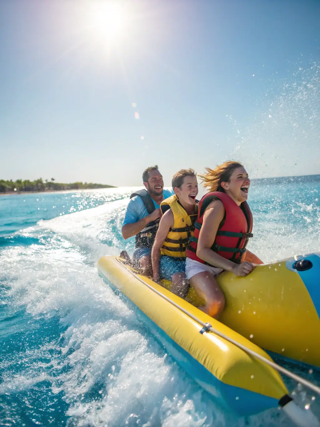 A family enjoying a day trip on a smaller yacht, laughing and pointing at dolphins jumping in the distance, representing a fun and accessible charter option.