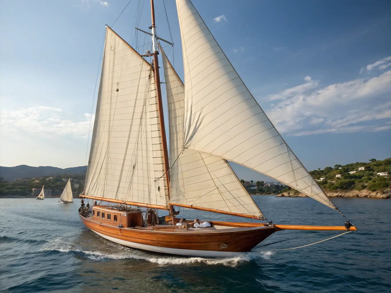 A classic sailing boat with white sails billowing in the wind, sailing on a sunny day. The image should evoke a sense of adventure and freedom.