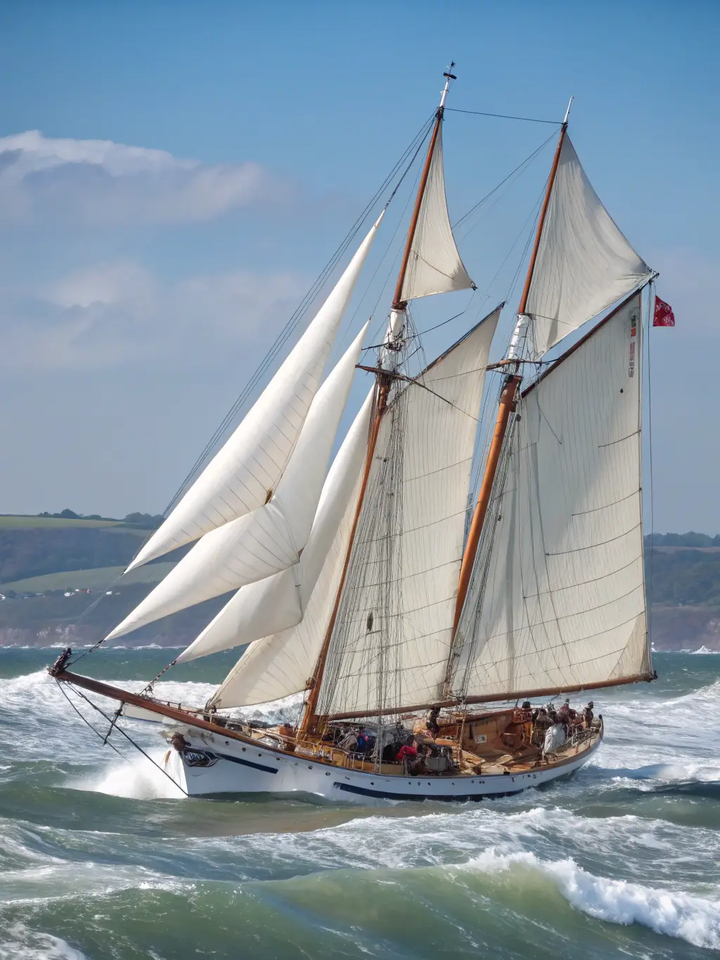 A classic sailing yacht with its sails billowing in the wind, capturing the romance and adventure of traditional sailing with The Happy Captain.