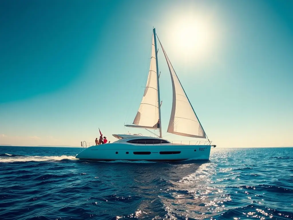 A luxurious yacht sailing on calm, turquoise waters during a sunny day trip, showcasing the joy and relaxation of a short charter experience.