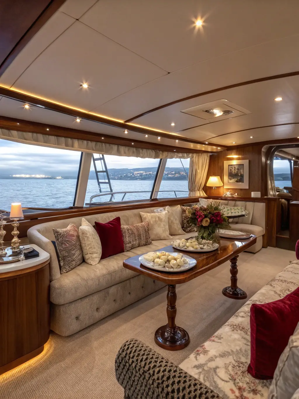 A luxurious yacht interior with plush seating, a fully stocked bar, and panoramic windows showcasing the ocean view, emphasizing the comfort and elegance of The Happy Captain's yacht charters.